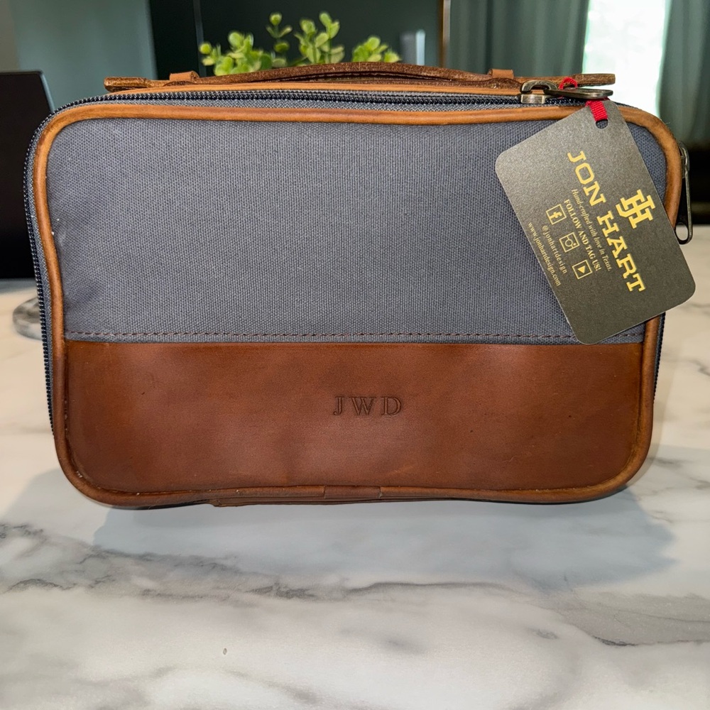 Jon Hart Design Gray and Brown Toiletry Bag with Leather Accents